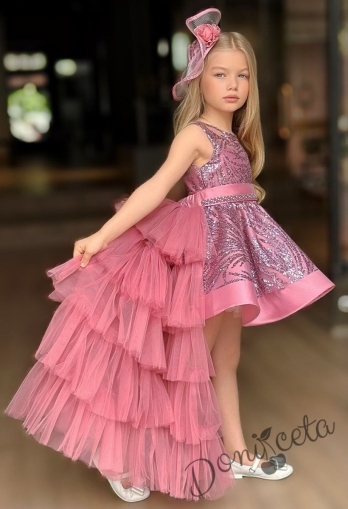 Официална детска рокля в розово с блясък и шлейф на харбали Василиса 1