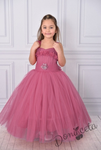 Официална дълга детска рокля в пепел от розови без ръкав от тюл с блясък с обръч Андреан 1