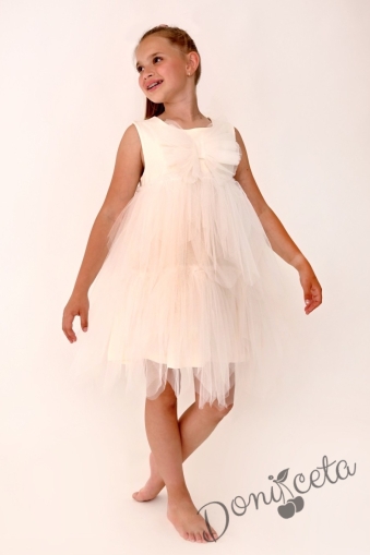 Официална детска рокля без ръкав с с тюл пола на два пласта и панделка от тюл отпред в екрю Флора 1