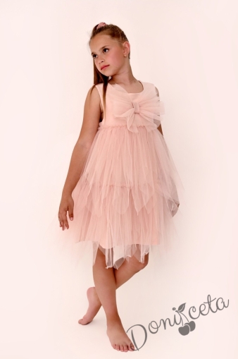 Официална детска рокля без ръкав с с тюл пола на два пласта и панделка от тюл отпред в прасковено Флора 1