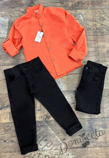 Комплект от дънков панталон в черно и риза в оранжево без яка 1