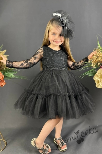 Празнична детска рокля Тера с дълъг ръкав от дантела и тюл в черно с харбала и панделка за коса 1