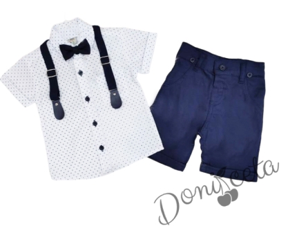 Летен комплект за момче от панталон в тъмносиньо, риза в бяло и орнаменти, тиранти и папийонка в тъмносиньо 3