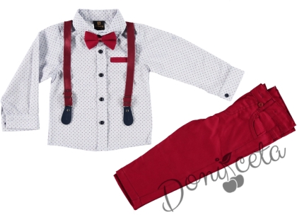 Детски комплект с тиранти, панталон и папийонка в бордо и риза в бяло с орнаменти 766304091 1