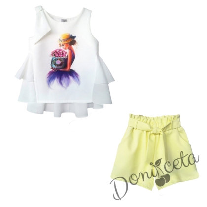Children's set of shorts in yellow with belt and tunic in white with girl