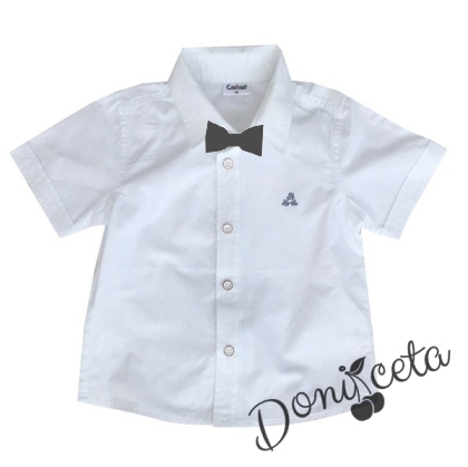 Детска риза Contrast с къс ръкав в бяло с папийонка в тъмносиньо 1