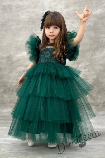 Официална дълга детска рокля в зелено с дантела на пластове Чара 1