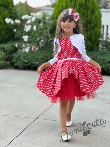 Комплект от официална детска рокля в червено на бели точки и бяло болеро1