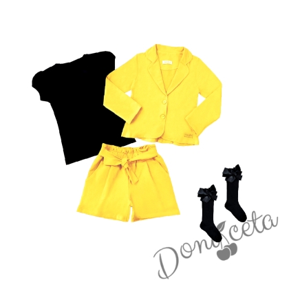 Детски комплект от 4 части - къси панталонки и сако в жълто с тениска и чорапи в черно 1