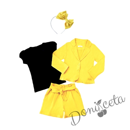 Детски комплект от 4 части - къси панталонки и сако в жълто с тениска в черно и диадема в жълто 1