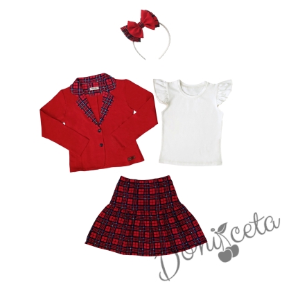 Комплект за момиче от 4 части - карирана пола и сако в червено, блуза в бяло с къс ръкав и диадема 1