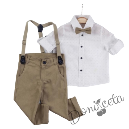 Бебешки комплект от риза в бяло на точки, панталон, тиранти и папийонка в бежово 1
