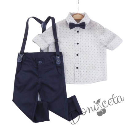 Бебешки комплект от риза в бяло на орнаменти, панталон, тиранти и папийонка в тъмносиньо 1