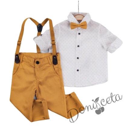 Бебешки комплект от риза в бяло на орнаменти, панталон, тиранти и папийонка в горчица 1