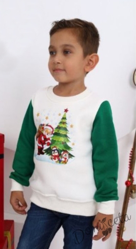 Коледна ватирана блуза за момче  с Дядо Коледа и пингвини в бяло и зелено 1