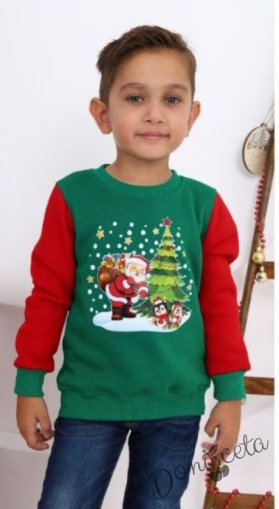 Коледна ватирана блуза за момче  с Дядо Коледа и пингвини в зелено и червено 1