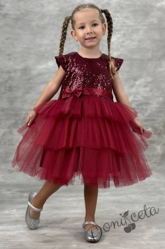 Детска официална рокля Ханна в бордо от пайети и тюл на 3 пласта 1