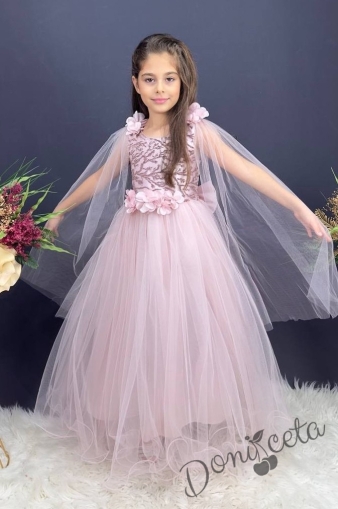 Официална дълга детска рокля от тюл Денис с 3D цветя и елементи в горната част и тюлени воали в пепел от рози 1