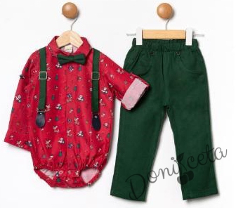 Бебешки комплект от панталон в зелено с тиранти и папийонка и боди-риза в червено с коледни орнаменти 001205533 1