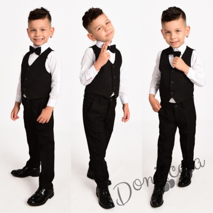 Официален костюм в черно за момче от 4 части елек, риза в бяло, панталон и папийонка 21100371 1