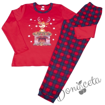 Детска/дамска коледна пижама  в червено с каре и с еленче 2