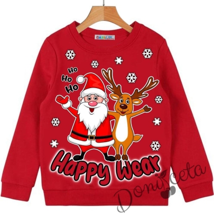 Коледна леко ватирана блуза в червено с дълъг ръкав с Дядо Коледа, еленче и надпис 57700173 1