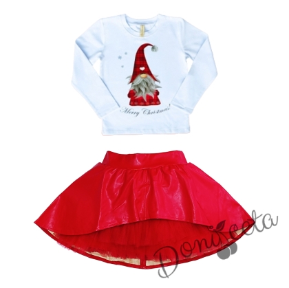 Комплект от блуза в бяло с дълъг ръкав с момиче и кожена пола в червено 8787698988
