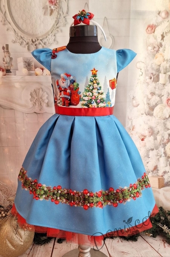 Официална детска коледна  рокля с къс ръкав с Дядо Коледа и елха 1