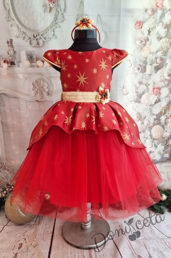 Официална детска коледна  рокля с къс ръкав в червено и златисти звезди и тюл 1