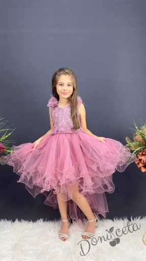 Официална детска дълга рокля в розово с тюл без ръкав с дантела Леа с шлейф 1