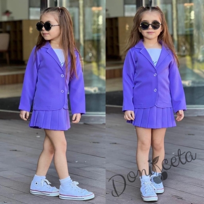 Детски комплект за момиче от 3 части- пола и сако в лилаво и потник в бяло 1