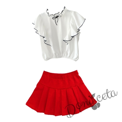 Комплект от риза в бяло с черни къдрици и пола плисе в червен цвят 1