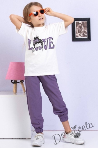 Комплек от тениска и панталон в лилаво с надпис LOVE 1