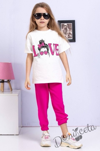 Комплек от тениска и панталон в циклама с надпис LOVE 1
