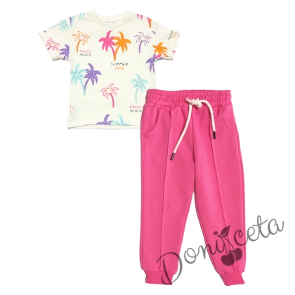 Детски комплект от 2 части - блуза на палми и панталон в циклама 1