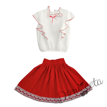 Комплект за момиче от 2 части- пола с етн1о мотиви и риза в бяло с червени къдрици 