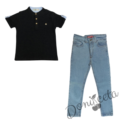 Детски комплект за момче от блуза в черно и дълги дънки в светлосиньо 1
