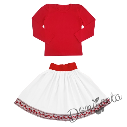 Комплект за момиче от 2 части- пола в бяло с етно мотиви и блуза с дълъг ръкав в червено 1