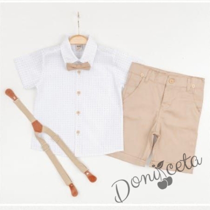 Летен комплект за момче от панталон в бежово, риза в бяло и орнаменти, тиранти и папийонка  467478378 1