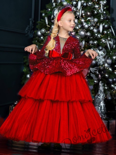 Официална детска дълга рокля в червено с дълъг ръкав и пайети Стефанела 1