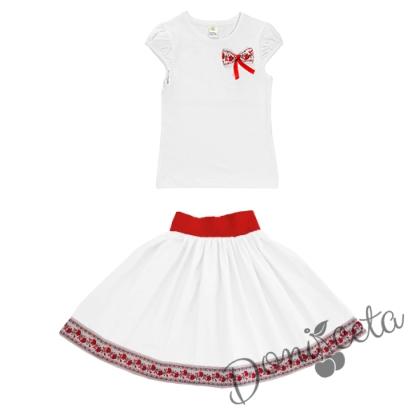 Комплект за момиче от 2 части- пола в бяло и блуза с къс ръкав с етно/фолклорни мотиви 4343343422 1