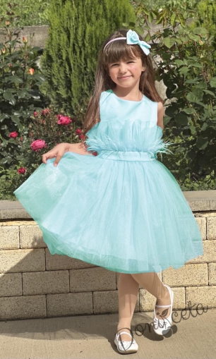 Официална детска рокля с богат тюл и пера в тюркоаз Анелия 54623411234 1