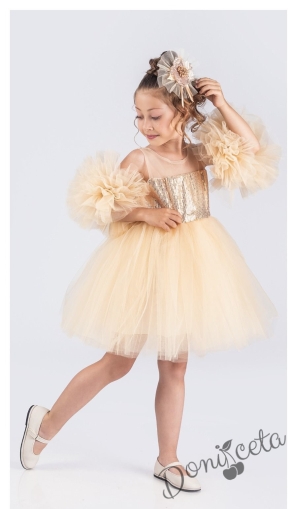 Детска официална рокля в златисто Блян с тюл и с помпони и панделка за коса