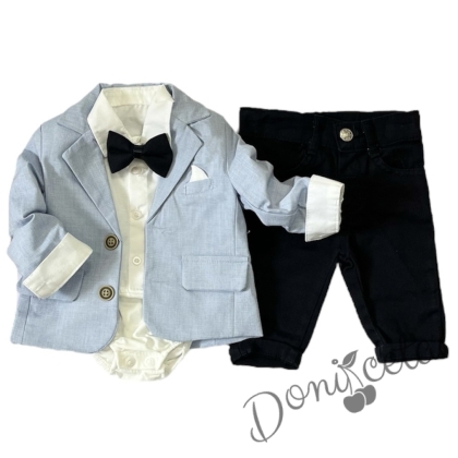 Бебешки комплект за момче от три части, сако в светлосиньо,риза в бяло и панталон в тъмносиньо с папийонка