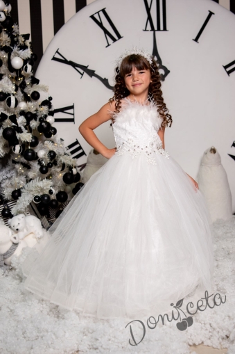 Formal children's long dress in white sleeveless with a tiara and a hoop underneath the skirt Sherry