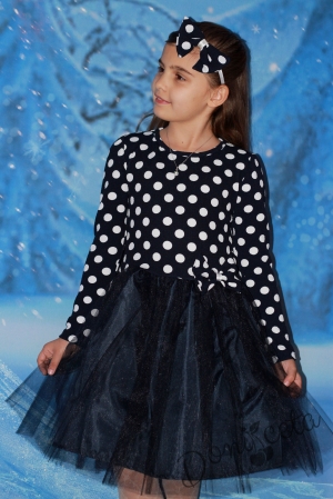 Детска рокля с дълъг ръкав с тюл в тъмносиньо и с диадема