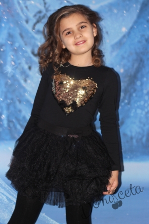Children's long sleeve t-shirt in black with sequins in golden colour