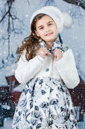 Children's winter coat for a girl in white with flowers