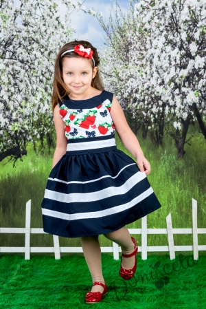 Детска рокля райе Ягодка в тъмносиньо и бяло с ягоди