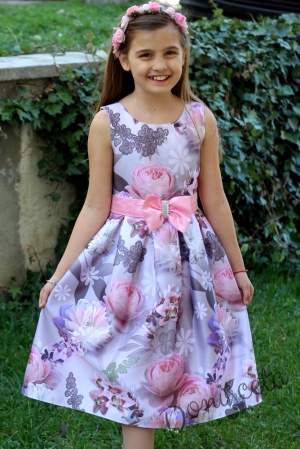 Официална детска рокля на цветя  с коланче и панделка в розово Балинка